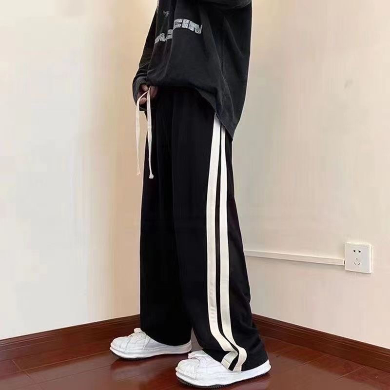 条纹拼接运动裤子男卫裤港风潮流学生直筒宽松阔脚长裤百搭休闲裤