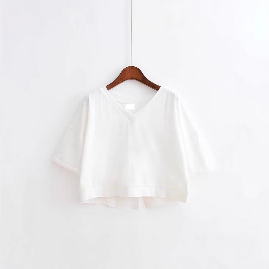 设计感露背拼接开叉绑带V领纯色短袖T恤女2025夏新款时尚学生上衣