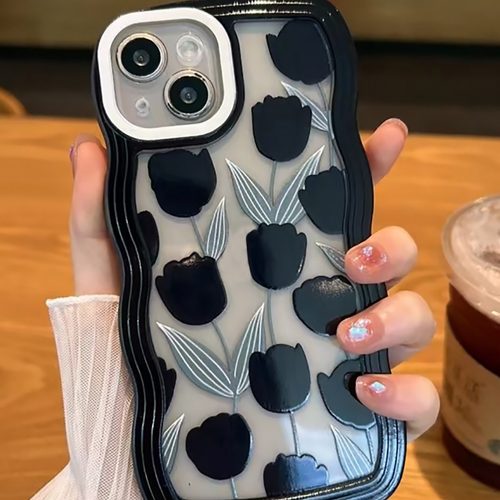 ins满屏黑花适用苹果16PRO手机壳大波浪iPhone15软壳13保护套xr7p