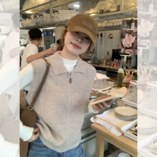韩系翻领拉链针织开衫马甲背心女春秋季宽松显瘦毛衣外穿无袖上衣