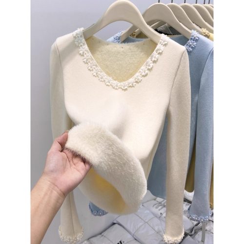 钉珠v领加绒加厚长袖针织毛衣女秋冬高级感修身打底衫绝美小上衣