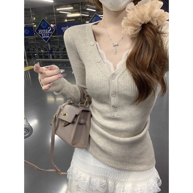 网红甜辣风深V纯欲针织衫上衣女秋冬纽扣半开领紧身毛衣打底内搭