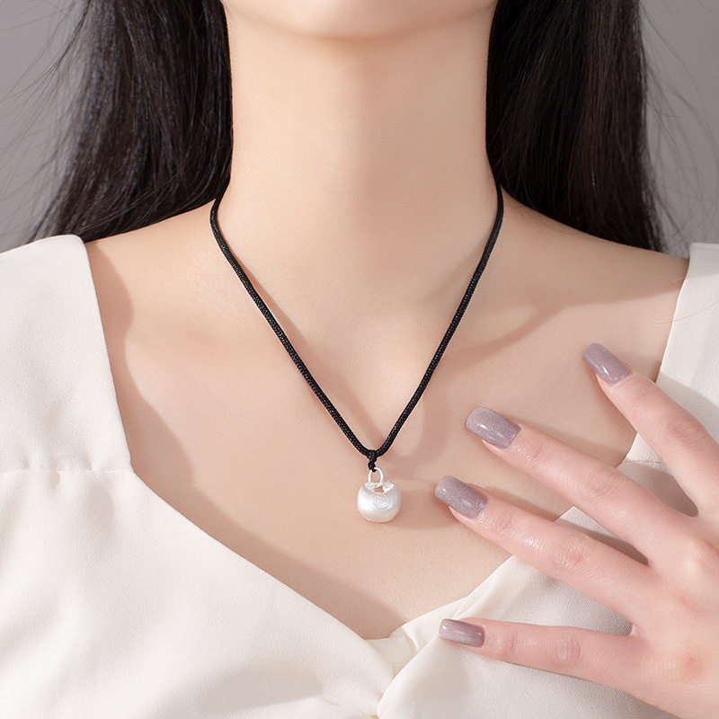 s925纯银小胖福项链女2024新款黑绳平安锁高级感实心吊坠项链爆款