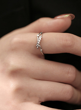 纯银麦穗锆石戒指港风ins时髦设计感叶子食指戒潮精致橄榄枝指环