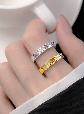 925银碎碎冰戒指韩版情侣满天星食指戒碎冰冰金戒子素圈锤纹指环