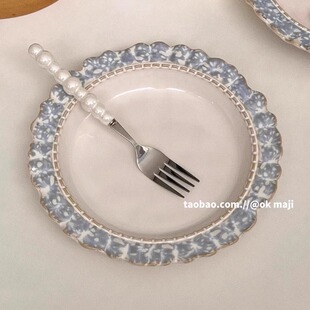 高级感花边甜品盘意面餐盘韩国ins风烟蓝系列陶瓷碗碟餐具套装