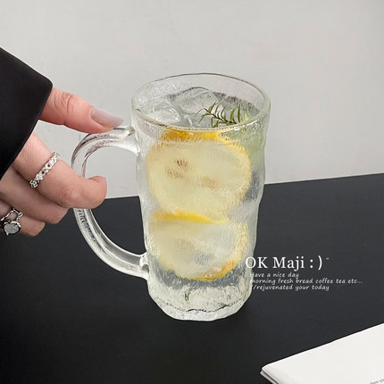 冰川纹玻璃杯ins风大容量喝水杯家用透明杯子带把手高颜值果汁杯