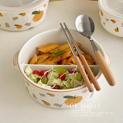 加深大容量圆形陶瓷分格饭盒