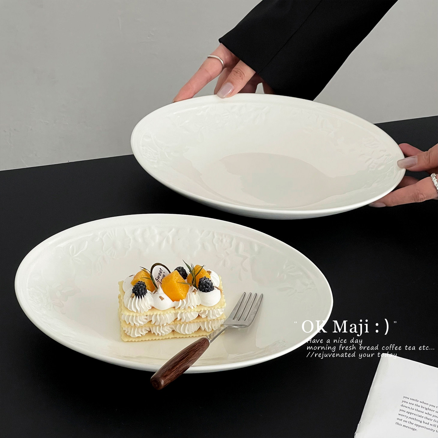 椭圆形盘子in风高级陶瓷餐具浮雕餐盘高颜值水果沙拉盘西餐意面盘,餐饮具,盘,淘宝优惠券,粉丝福利购,淘宝优惠卷