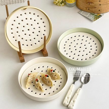 家用隔水蒸盘油炸炸物沥油盘双层沥水盘圆形陶瓷高颜值沥水饺子盘