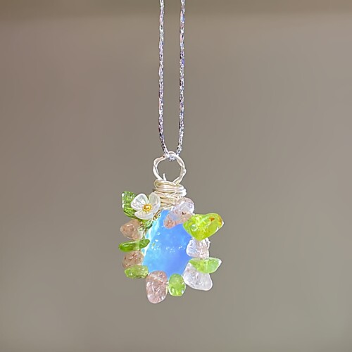 【春日繁花】天然海蓝宝吊坠手工绕线macramea原石海蓝宝项链
