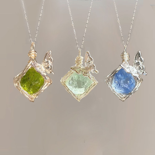 天然水晶原石macramea手作绕线吊坠项链蝴蝶原石项链女小众锁骨链