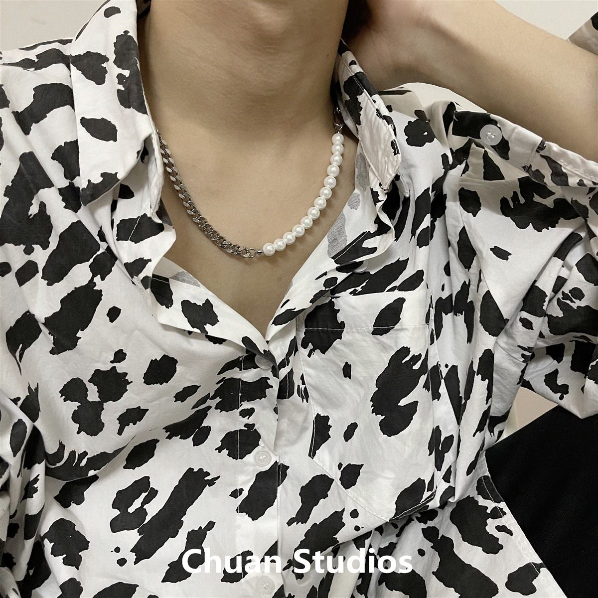 CHUAN/21年新款流行珍珠拼接钛钢项链男ins冷淡风轻奢锁骨颈链女