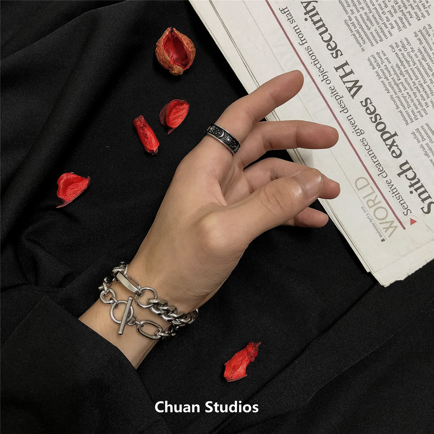 chuan/20ins原宿风日月食男戒指
