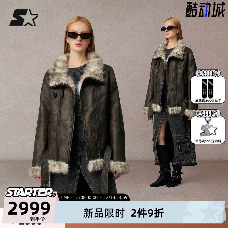 STARTER冬季复古情侣PU皮毛外套