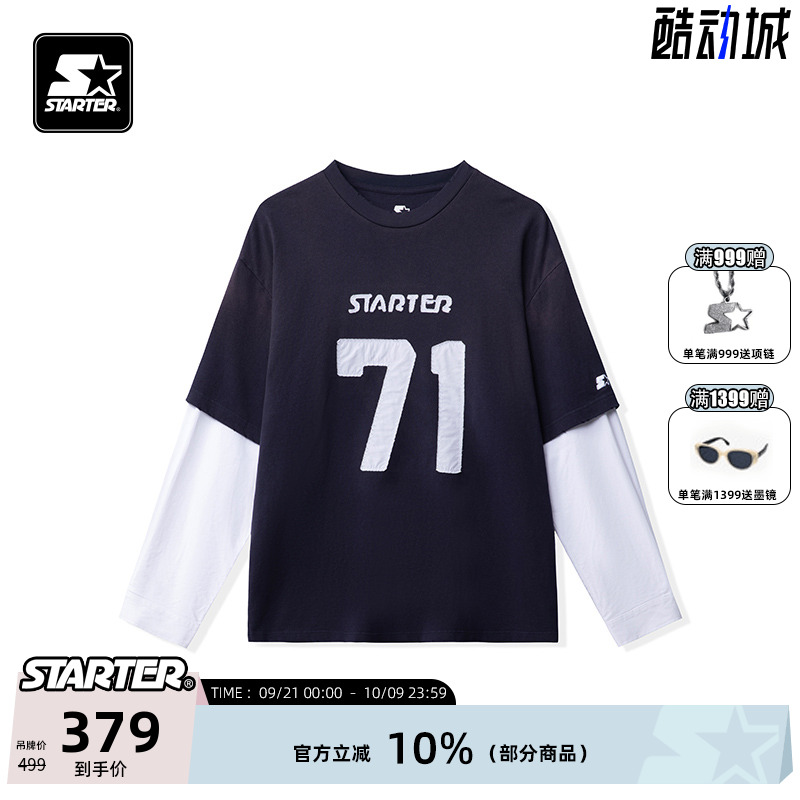 STARTER T恤2025春夏男女同款纯棉数字印花假两件运动休闲上衣