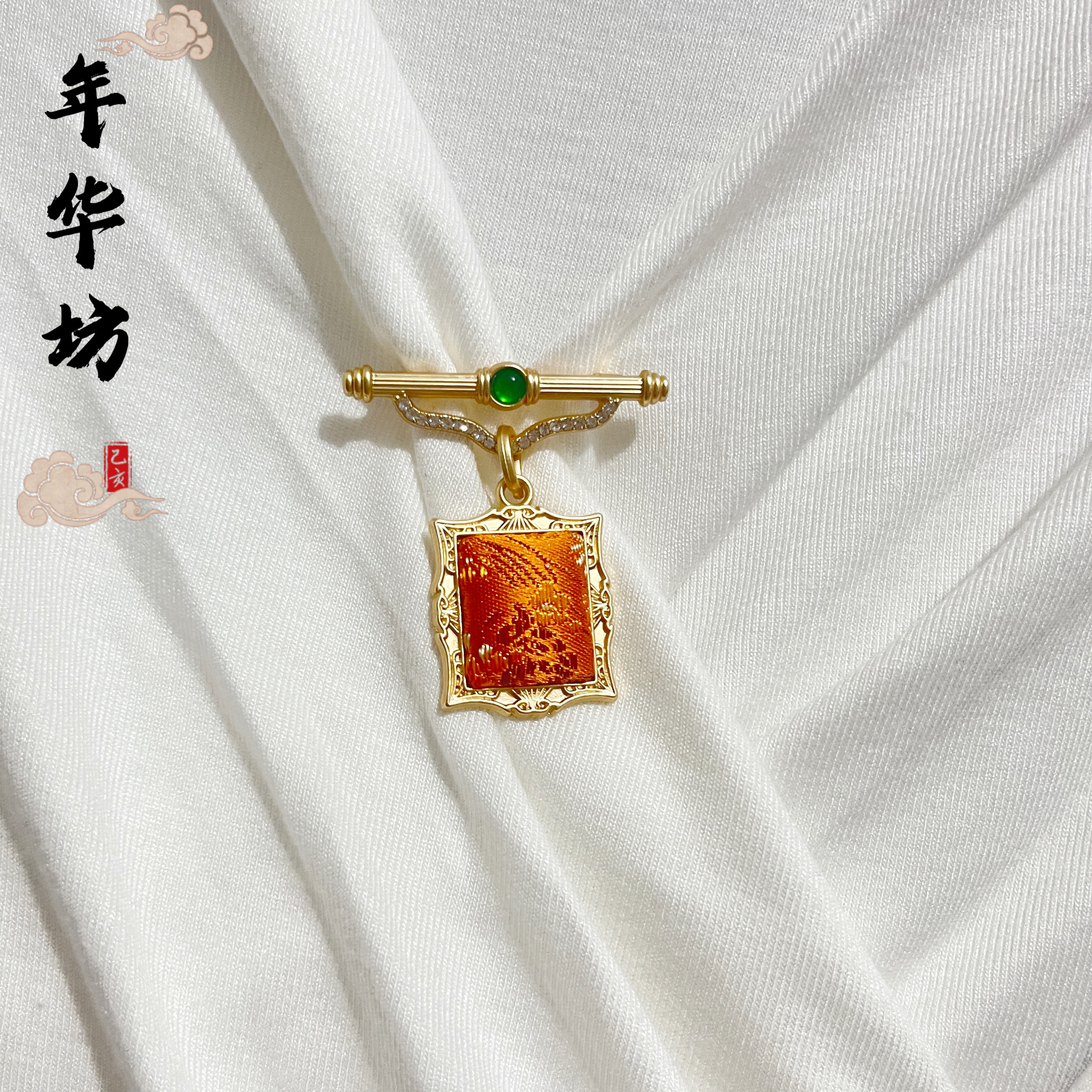 古风胸针方框吊坠哑金胸针贴布掐丝一字型非遗DIY手作