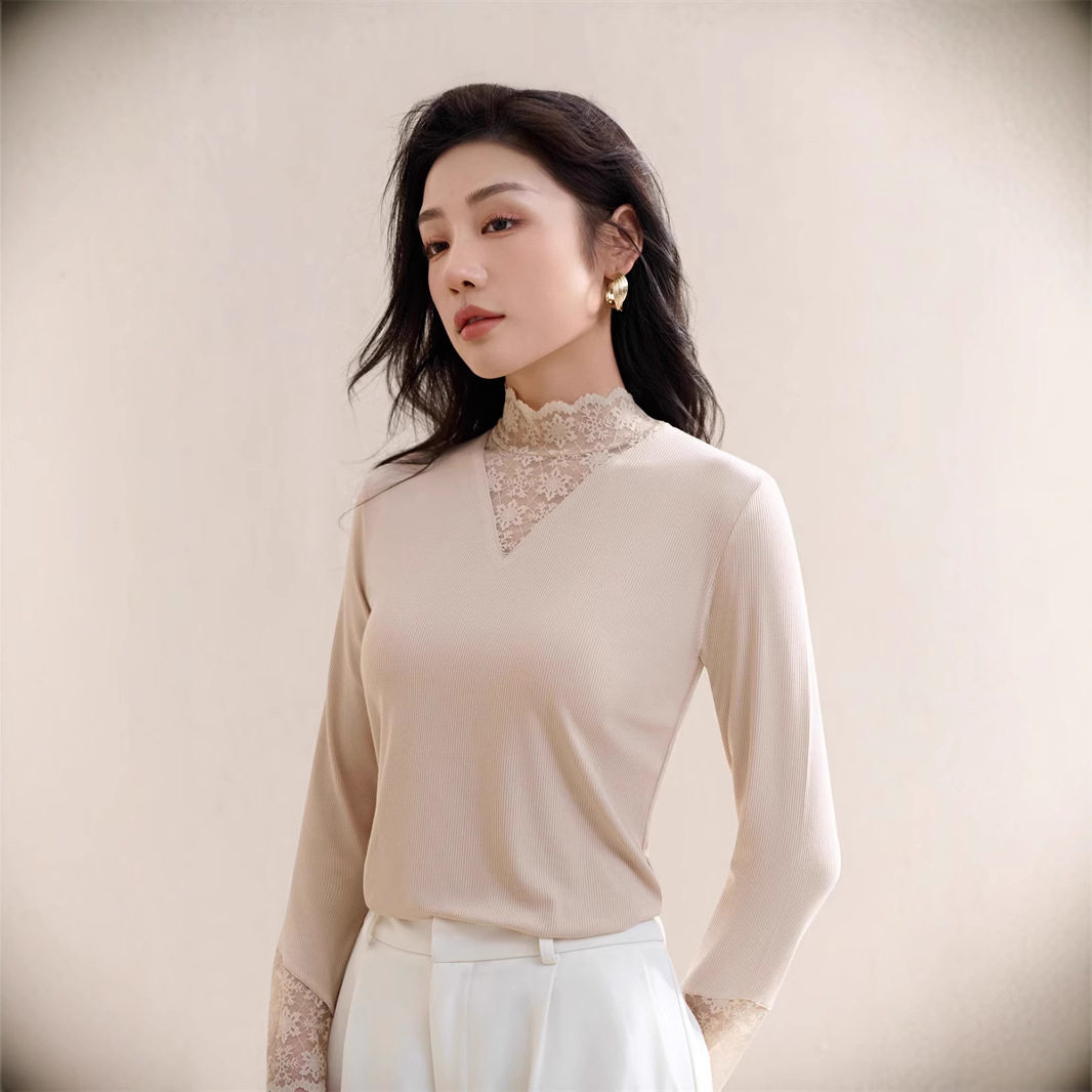 蕾丝上衣女春秋长袖甜美雪纺内搭半高领网纱打底衫气质显瘦