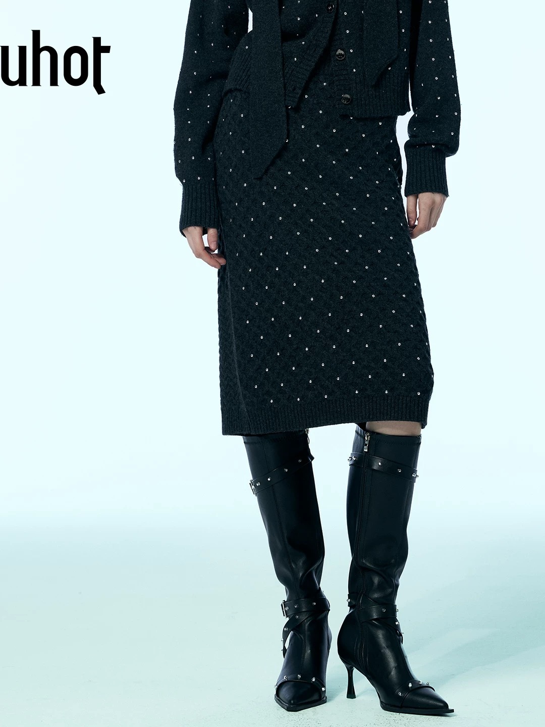 uhot/诱货深灰色金属烫钻羊毛直筒裙都市暖冬优雅松驰风UWWW2Q427