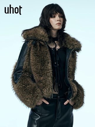 uhot/诱货咖色翻领仿毛环保皮草外套女拼皮设计防寒保暖UWWW4W309