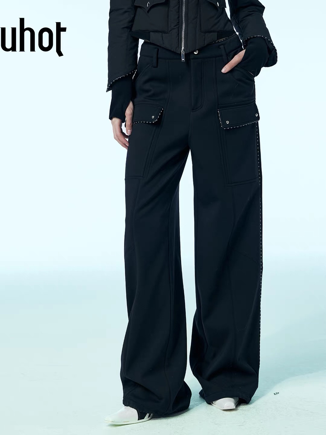 uhot/诱货黑色加绒极简阔腿裤女高腰直筒显瘦显腿长新款UWWW2K127