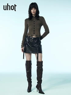 uhot UWWW4Q419 诱货深咖色腰封A字皮短裙女摩登酷帅深冬辣妹穿搭