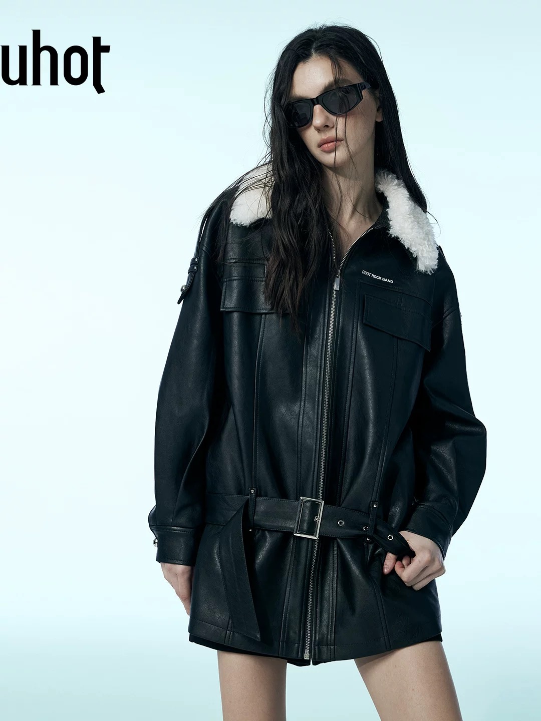 uhot/诱货黑白撞色大毛领皮衣长外套女低腰腰带设计新款UWWW2W279