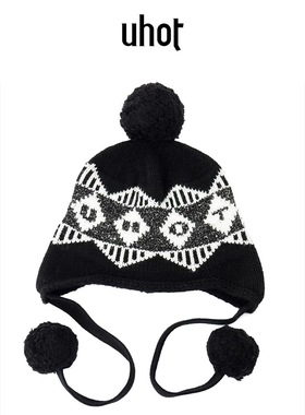 uhot/诱货黑白色费尔岛风针织帽毛球装饰冬日保暖氛围感UWWW6P457