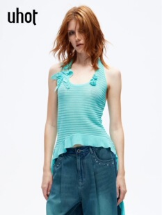 UWLR1N418 黑色立体钩花挂脖背心显瘦针织上衣女 uhot 诱货26夏蓝