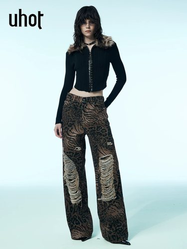 uhot/诱货黑色可拆卸毛领修身针织衫深冬辣妹穿搭25新款UWWW4Z312