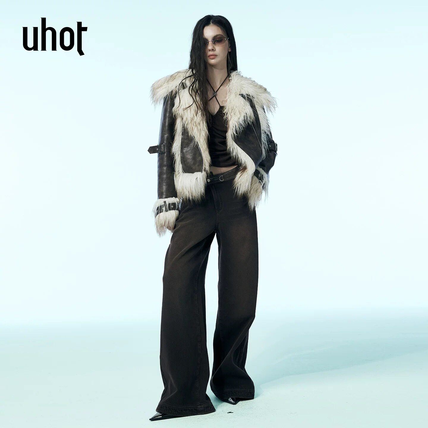 uhot/诱货咖色皮毛一体环保皮草夹克不对称毛边设计新款UWWW3W381