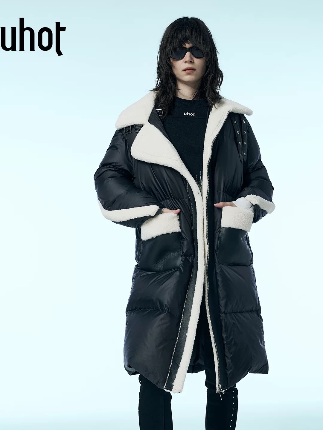 uhot/诱货黑白撞色毛领H型廓形鹅绒服女超长过膝羽绒服 UWWW2W432