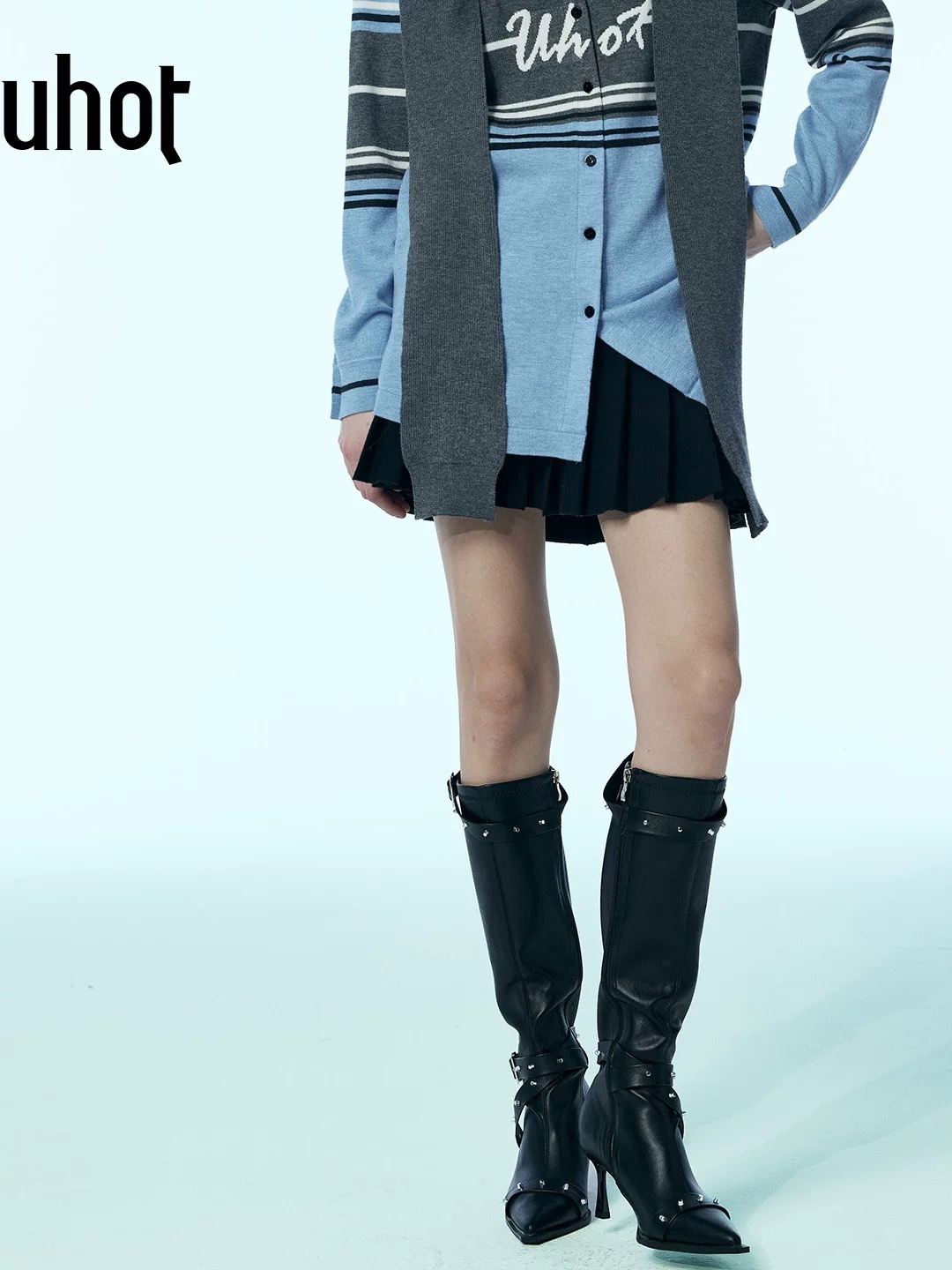 uhot/诱货黑色百褶针织双皮带扣半身裙休闲酷感秋冬新款UWWW1Q221