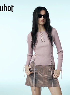 uhot/诱货粉色重工交叉绑带撞金属装饰针织衫女甜美百搭UWWA2Z085