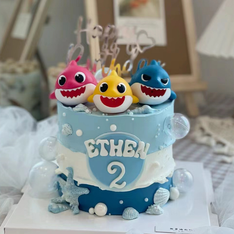 海底动物卡通小鲨鱼一家宝宝海洋生日蛋糕装饰插件牌摆件玩具公仔