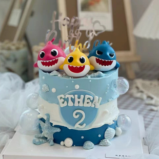 海底动物卡通小鲨鱼一家宝宝海洋生日蛋糕装饰插件牌摆件玩具公仔