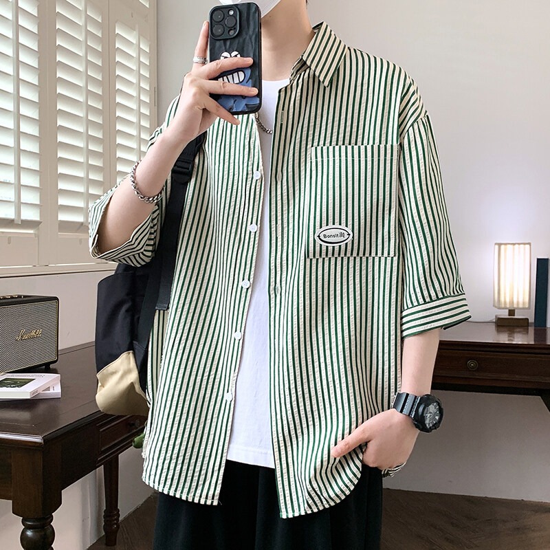 夏季薄款七分袖条纹衬衫宽松外套