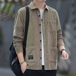 2025新款 秋季 高档大码 灯芯绒外套男士 宽松长袖 衬衫 男装 衬衣男 工装