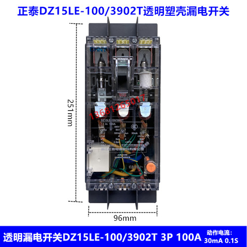 正泰 透明漏电断路器 漏电开关DZ15LE-100/3902T 100A (透明)30mA