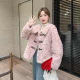 粉色娃娃领短款皮毛一体羊羔毛外套女秋冬法式少女感小个子时尚，女装短外套，浙宝128A