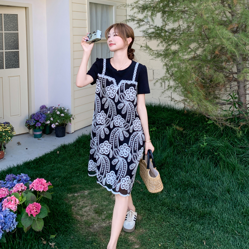 设计感假两件轻熟风黑色t恤裙新款休闲显瘦宽松小个子连衣裙女夏，商品下架区商品下架区，浙宝128A