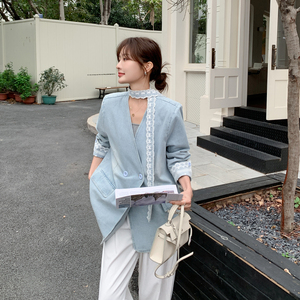 蓝色蕾丝拼接飘带牛仔外套女春秋2025新款独特漂亮休闲V领小西装图片