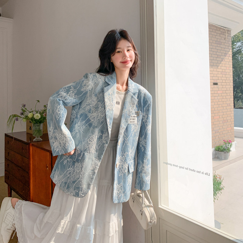 设计感蕾丝拼接西装外套女2026春季新款韩系超好看时尚减龄小西服,女装西装,浙宝128A