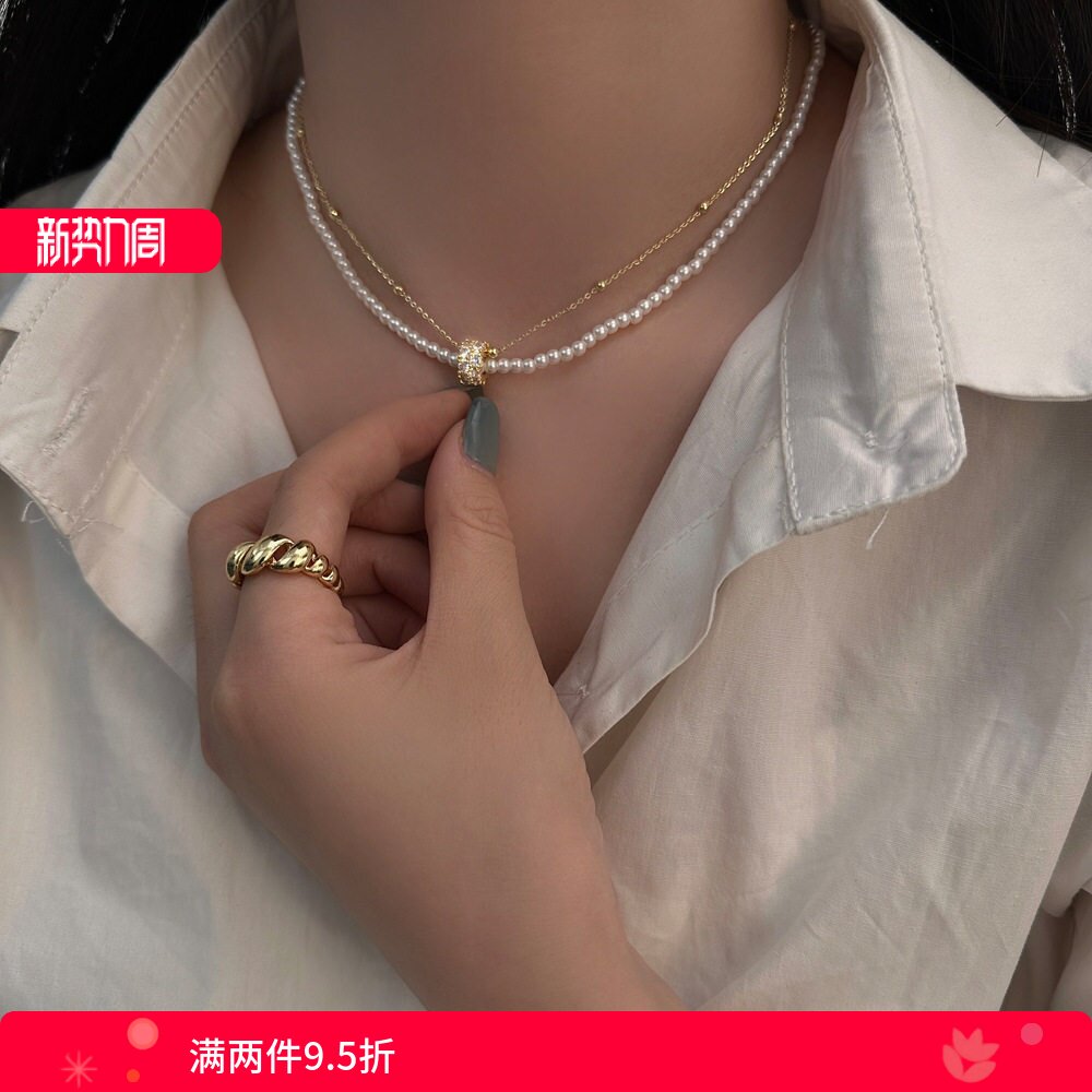 韩国双层优亮珍珠黑白钻球球项链女轻奢气质时尚锁骨链女锁骨链