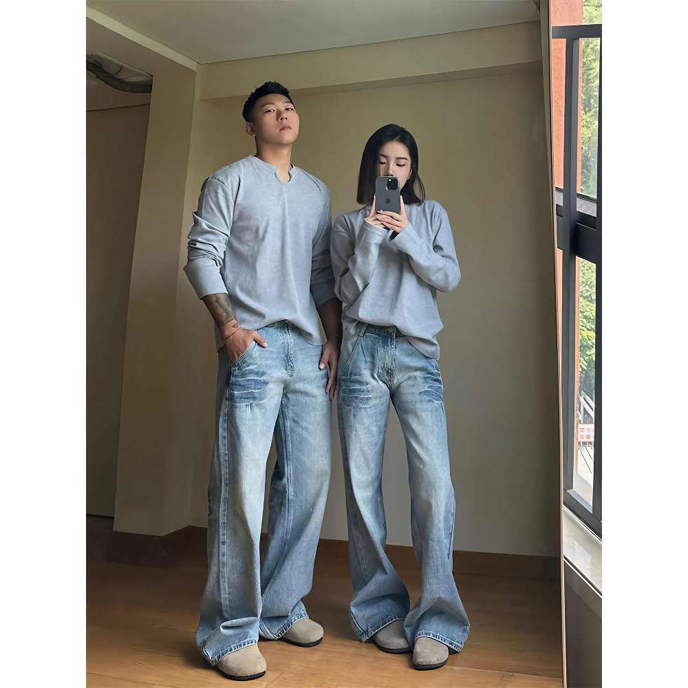 NK2780-P56闪电水洗牛仔裤春秋潮牌美式高街vibe裤子直筒微喇长裤，男装牛仔裤，电商A306