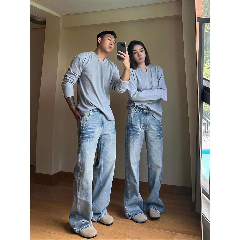 NK2780-P56闪电水洗牛仔裤春秋潮牌美式高街vibe裤子直筒微喇长裤，男装牛仔裤，电商A306