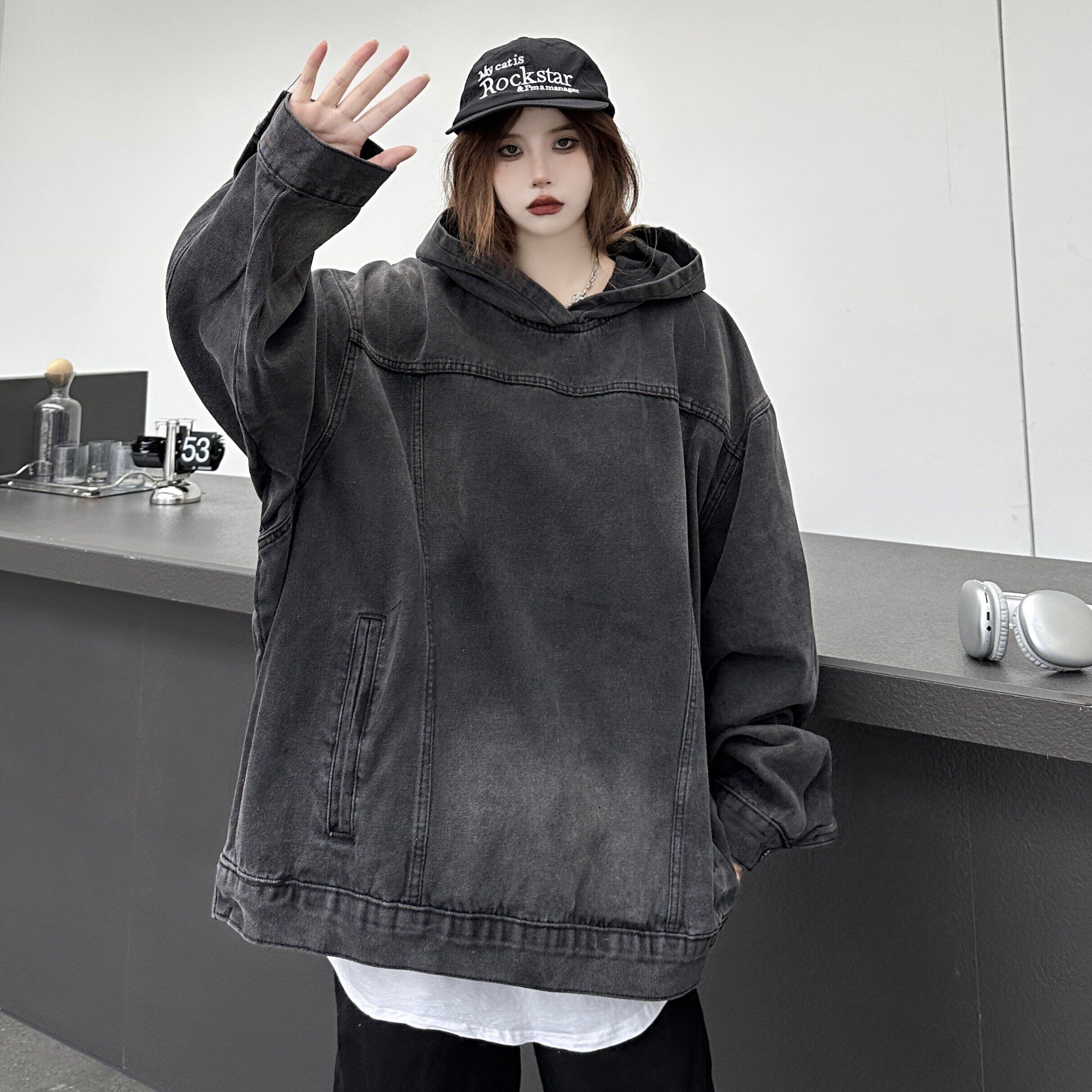 美式复古拼接水洗做旧牛仔连帽卫衣男女情侣潮牛仔卫衣外套,女装短外套,电商A306