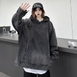 美式复古拼接水洗做旧牛仔连帽卫衣男女情侣潮牛仔卫衣外套，女装短外套，电商A306