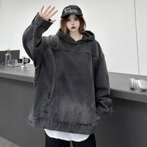 美式复古拼接水洗做旧牛仔连帽卫衣男女情侣潮牛仔卫衣外套图片