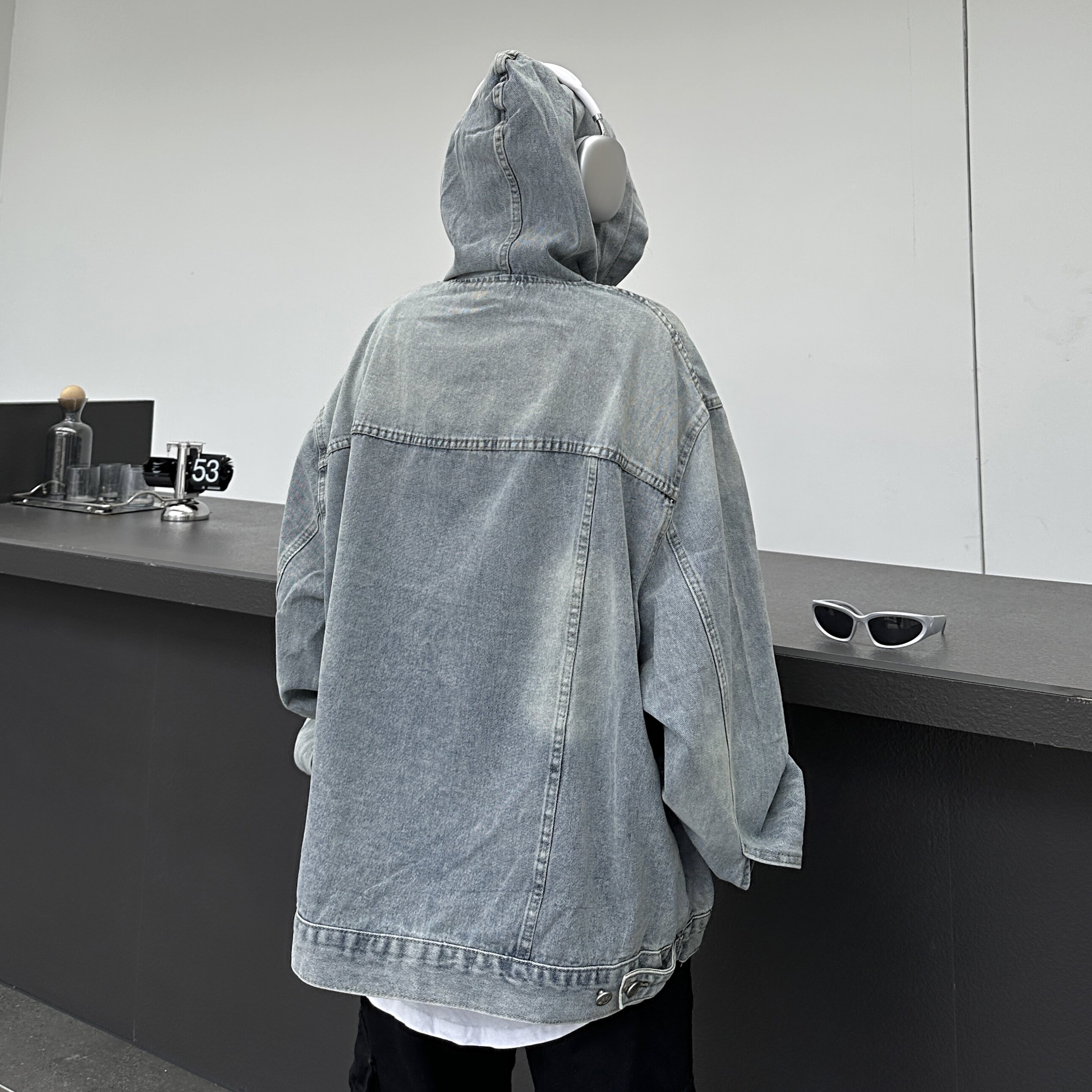 美式复古拼接水洗做旧牛仔连帽卫衣男女情侣潮牛仔卫衣外套,女装短外套,电商A306